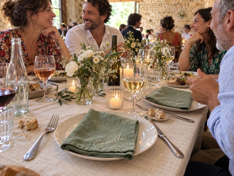 Mise en scène générée : invités à un mariage champêtre et serviettes vert sauge avec les prénoms Camille et Hugo