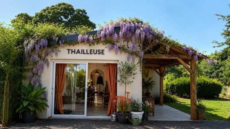 La façade de l’atelier Thaïlleuse, son enseigne, la pergola et le jardin en fleurs